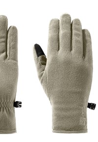 Fleece gloves in light grey with a textured surface, featuring a black touchscreen-friendly thumb and an adjustable wrist strap.