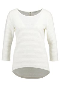 White top with three-quarter sleeves, textured fabric featuring horizontal stripes, scoop neckline, and rounded hem. Back zipper detail.