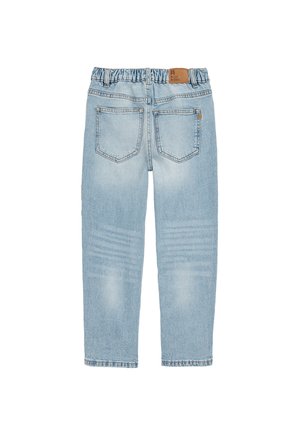 Jeans de mezclilla azul claro con cintura elástica, con cinco bolsillos y un ligero desgaste en los muslos. Etiqueta de cuero en la parte posterior.