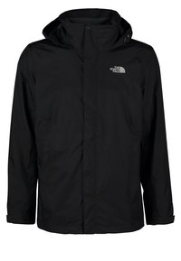 Veste noire imperméable avec capuche, fermeture éclair et boutons-pression à l’avant, poignets réglables et logo The North Face sur la poitrine gauche.
