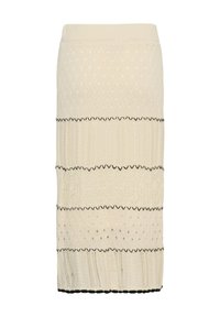 Jupe mi-longue en maille crème avec des motifs texturés variés et des détails de bordure en zigzag noir.