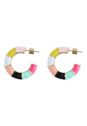 Pair of gold hoop earrings with colorful enamel segments in yellow, pink, blue, black, and peach shades.