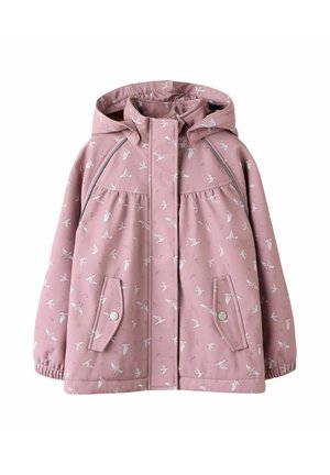 Hellrosa Kinder-Kapuzenjacke mit weißem Vogelmuster, Fronttaschen mit Knöpfen und elastischen Bündchen.