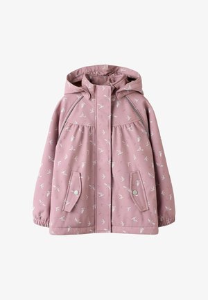 Veste à capuche rose clair pour enfants avec motif d'oiseaux blancs, poches avant à boutons et poignets élastiques.