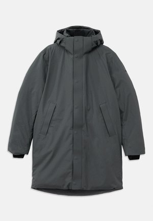 Long, gray puffer coat with a hood, featuring snap button closure, two side pockets, and black knit cuffs. Smooth, waterproof fabric texture.