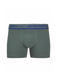 Zelené bavlněné boxerky s tmavě modrým pasem, na kterém je výrazně vytištěno "JACK & JONES". Hladká textura, nízký střih.