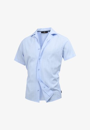 Short-sleeve shirt in light blue with vertical white stripes, button front, and a collar. Made of a soft fabric for comfort.