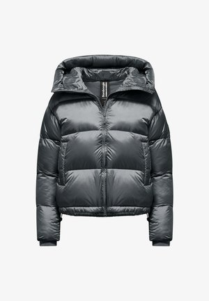 Puffy black jacket made of shiny material with a hood, featuring a front zip closure and horizontal quilted sections for insulation.