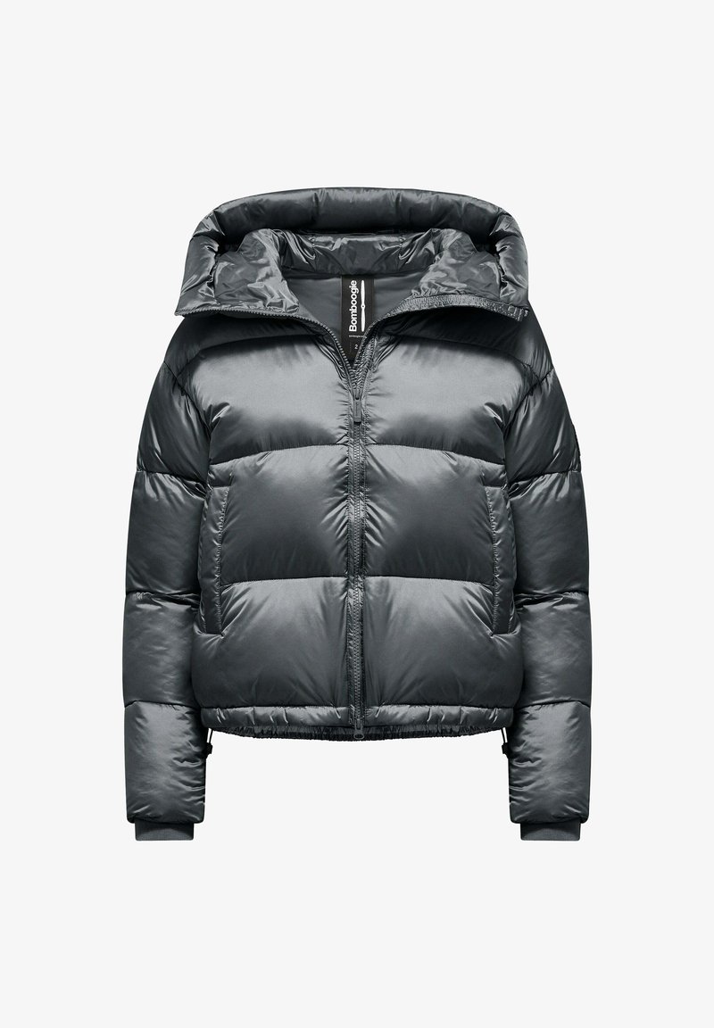 Puffy black jacket made of shiny material with a hood, featuring a front zip closure and horizontal quilted sections for insulation.