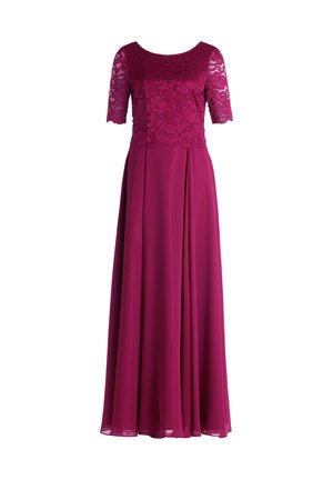Langes burgunderrotes Kleid mit einer Spitzen-Bodice, kurzen Ärmeln und einem fließenden Rock. Der obere Teil hat ein florales Spitzenmuster.