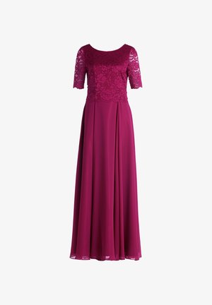 Lungo abito borgogna con corpetto in pizzo, maniche corte e gonna fluente. La parte superiore presenta un motivo floreale in pizzo su tutta la superficie.