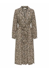 Lång klänning i leopardmönster med krage, knapplist fram, långärmade och självknytande midjebälte. Mjuk, texturerad tyg.