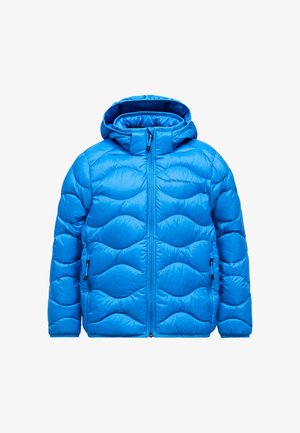 Giacca imbottita blu brillante con cappuccio, zip frontale e tasche laterali con zip, caratterizzata da un motivo diagramma a onde.