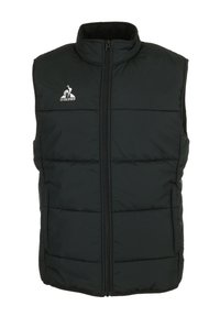 Gilet imbottito nero con collo alto, zip frontale e cuciture orizzontali. Presenta un logo bianco nella zona sinistra del petto.