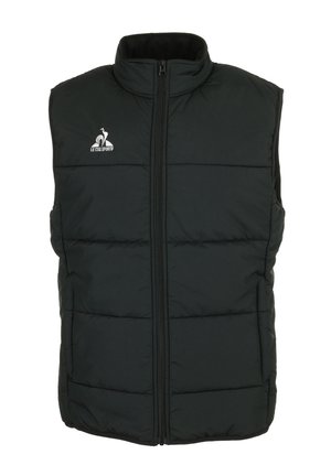 Gilet imbottito nero con collo alto, zip frontale e cuciture orizzontali. Presenta un logo bianco nella zona sinistra del petto.