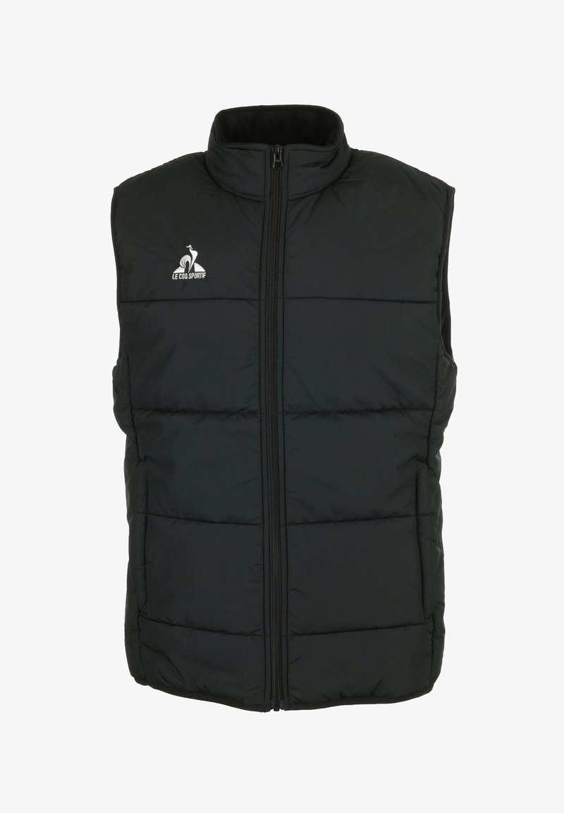 Gilet imbottito nero con collo alto, zip frontale e cuciture orizzontali. Presenta un logo bianco nella zona sinistra del petto.