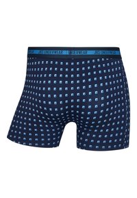 Navy blue boxer shorts with a geometric light blue square pattern. Features a solid blue elastic waistband with "JBS UNDERWEAR" branding.