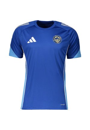 Blaues Adidas-Sporttrikot mit hellblauen Seitenpartien, weißen Streifen auf den Schultern und einem runden Logo auf der linken Brust.