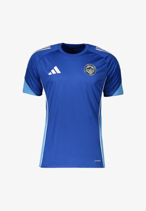 Blaues Adidas-Sporttrikot mit hellblauen Seitenpartien, weißen Streifen auf den Schultern und einem runden Logo auf der linken Brust.