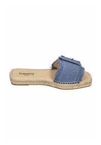 Blue fabric slide sandal with frayed edges, a decorative strap, and a jute rope sole. Flat design with a rounded toe and open heel.