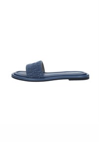 Infradito in tessuto blu con parte superiore testurizzata, suola piatta e design aperto. Presenta una soletta morbida e una fodera interna liscia.