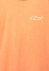 T-shirts i højkvalitets bomuld i lys orange med rund hals og hvidt skrifttype-logo med glimmer på venstre brystområde.
