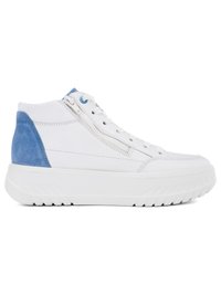 White high-top sneaker with blue suede heel, side zipper, front laces, and thick textured sole on a white background.