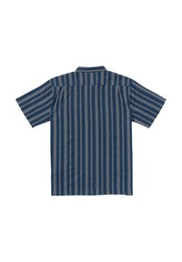 Short-sleeve shirt with a blue striped pattern, featuring narrow gray lines and a collar. Made of lightweight fabric. Back view displayed.