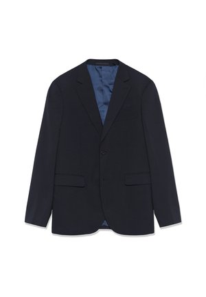 Granatowa marynarka wykonana z gładkiego materiału. Posiada klapy z wycięciem, dwie przednie kieszenie oraz zapięcie na jeden guzik. Podszewka wykonana z niebieskiego materiału.