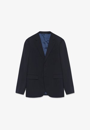 Granatowa marynarka wykonana z gładkiego materiału. Posiada klapy z wycięciem, dwie przednie kieszenie oraz zapięcie na jeden guzik. Podszewka wykonana z niebieskiego materiału.