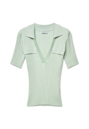 Haut en maille côtelée vert menthe avec un col en V, des manches courtes et un col. Comprend deux poches plaquées à l'avant. Texture lisse.
