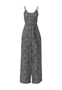 Schwarz-weißer gemusterter Jumpsuit mit tailliertem Oberteil, weitem Bein, verstellbaren Spaghettiträgern und einem Bindegürtel in der Taille.