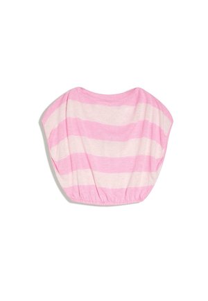 Rózsaszín-fehér, széles vízszintes csíkos, bő szabású felső rövid ujjakkal és összehúzott szegéllyel, fehér háttér előtt.