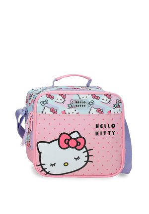 Bolsa de almuerzo Hello Kitty rosa y azul con una gran cara dormida de Hello Kitty, lunares y una correa de hombro morada ajustable.