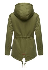 Olive green parka jacket, featuring a hood, waist drawstring, and zippered side slits. Smooth fabric with reinforced stitching and branding detail.