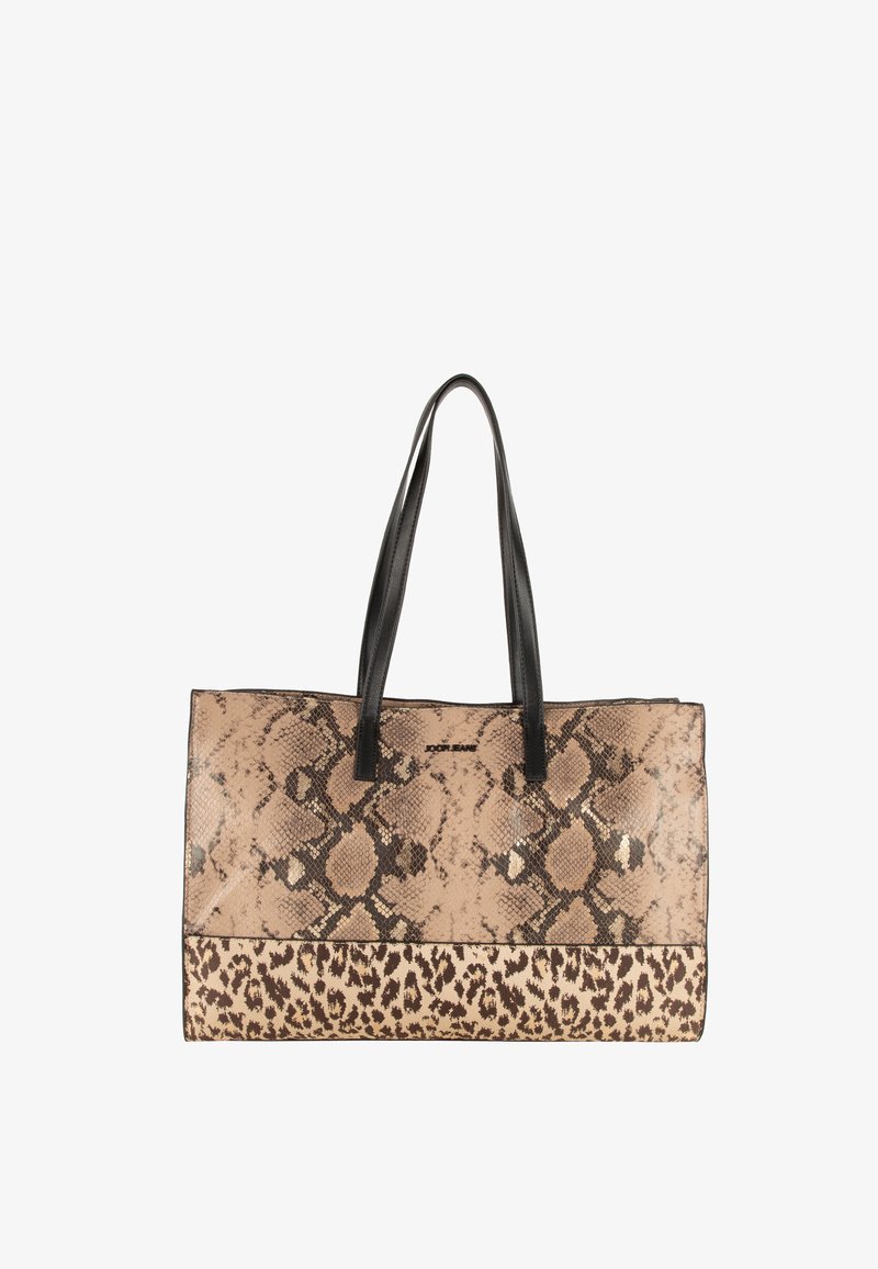 Tote torba s vzorom rjave kačje kože na vrhu in s potiskom leoparda na dnu, opremljena s črnimi ročaji in majhnim logotipom blagovne znamke.