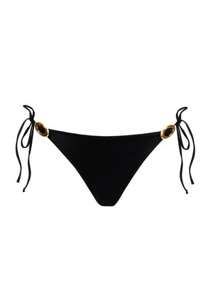 Czarny dół bikini z regulowanymi troczkami po obu stronach, ozdobiony złotymi owalnymi detalami. Gładka tekstura i klasyczny trójkątny kształt.