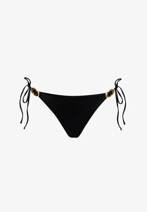 Czarny dół bikini z regulowanymi troczkami po obu stronach, ozdobiony złotymi owalnymi detalami. Gładka tekstura i klasyczny trójkątny kształt.