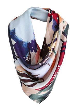 Foulard en soie avec des motifs floraux abstraits et des coups de pinceau en bleu, rouge, noir, beige et vert, avec la phrase "Rise & Shine" en rouge.