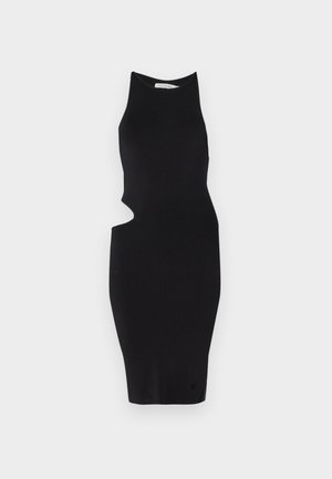 Mustriga must kleit, millel on kõrge kaelus ja vasakul küljel ebavõrdne lõige, õhuke lõige, põlvepikkune disain.