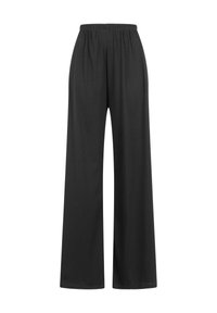 Černé kalhoty s širokými nohavicemi, s vertikálním žebrovaným texturovaným vzorem a elastickým pasem, zobrazené na bílém pozadí.