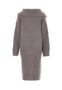 Graues Strickkleid mit weitem Kragen, langen Ärmeln, gerippter Textur und Midi-Länge, von hinten betrachtet.