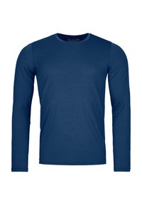 Navy blue long-sleeve shirt in soft jersey material with a round neck and fitted design, featuring clean lines and minimal detailing.