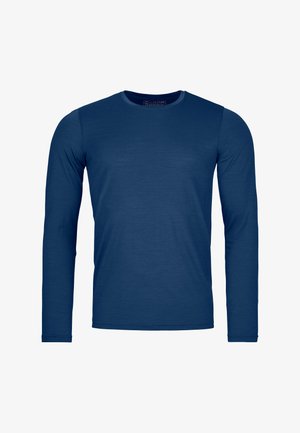 Navy blue long-sleeve shirt in soft jersey material with a round neck and fitted design, featuring clean lines and minimal detailing.