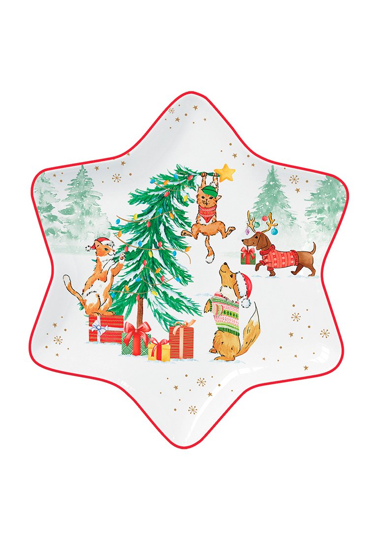 Plato de cerámica en forma de estrella con borde rojo que presenta animales ilustrados, un árbol de Navidad y regalos coloridos sobre un fondo blanco.