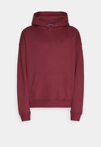 Sudadera con capucha burdeos, con un bolsillo delantero, puños y dobladillo acanalados. Fabricada con tejido suave, de corte relajado y sin patrones ni acentos visibles.