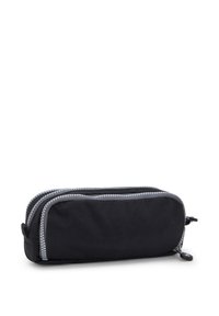 Trousse en nylon noir avec deux compartiments, dotée de zips gris et d'une surface texturée. De forme compacte et rectangulaire.