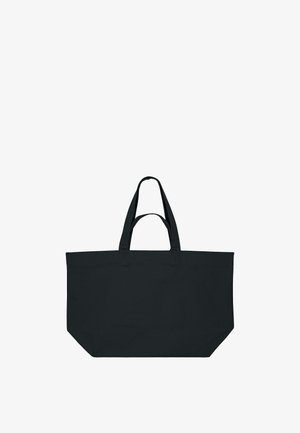 Ampia borsa a mano nera semplice con due manici corti e due tracolle lunghe, realizzata in tessuto.