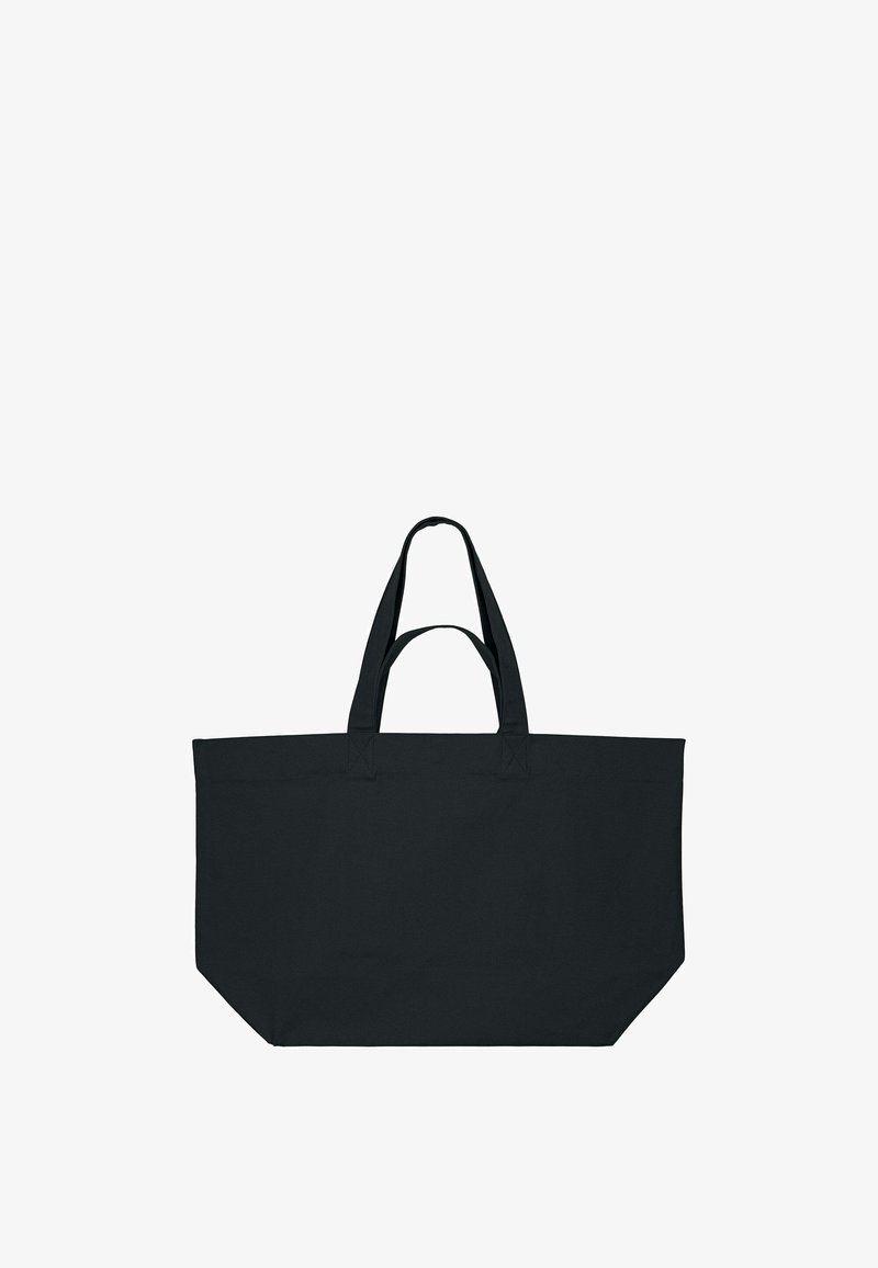 Grand sac fourre-tout noir uni avec deux poignées courtes et deux longues bandoulières, en tissu.