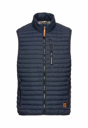 Marineblauw puffer vest met verticale gestikte patroon, hoge kraag, ritssluiting aan de voorkant en twee zijzakken. Heeft een bruine leren logoaccent.